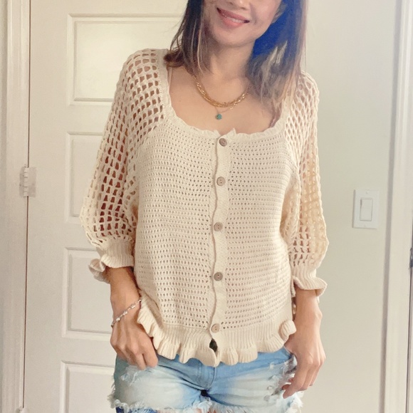 Miracle Cozy Crochet Button down Ruffle Sweater Top - Picture 7 of 16